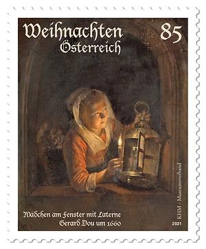 Briefmarke, Weihnachten: Mädchen am Fenster mit Laterne