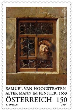 Briefmarke, Samuel van Hoogstraten – Alter Mann im Fenster, 1653