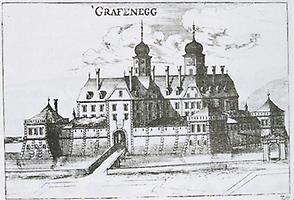 Schloss Grafenegg etwa 200 Jahre vor dem Umbau in neugotischem Stil. Stich vermutlich von Georg Matthäus Vischer. Ende des 16. Jh., © IMAGNO/Gerhard Trumler