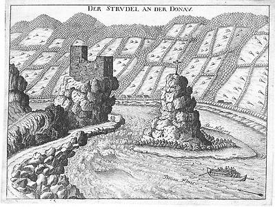 Ruine Werfenstein und Insel Wörth um 1674, Stich von G.M.Vischer., Aus: Wikicommons 
