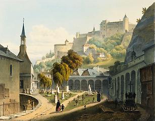 Salzburg Der Petersfriedhof. Um 1860. Kolorierte Lithographie von Leopold Rottmann nach Georg Pezolt. 21 5 x 27 cm., © IMAGNO/Oskar Anrather