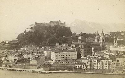 Blick auf Salzburg mit Salzach Dom und Festung Hohensalzburg vom Kapuzinergarten. Carte de visite. Photographie von Ludwig Hardtmuth. Um 1870., © IMAGNO/Austrian Archives