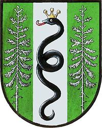 Ortswappen von Wundschuh mit einer Schlange und zwei Fichtenbäumen