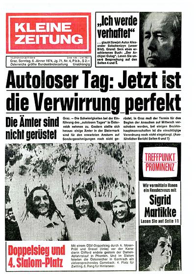Die Titelseite der Kleinen Zeitung am 6. Jänner 1974 war dem autolosen Tag gewidmet