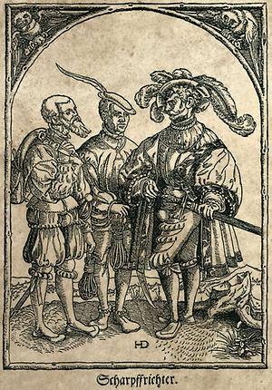 Scharfricher mit seinen Knechten, Holzschnitt um 1545