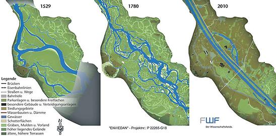 Der Verlauf der Donau bei Wien, das europaweit eine spezielle Lage aufweist, veränderte sich ständig., Grafik: © apa/B. Lager & S. Hohensinner