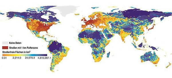Globale Karte der straßenfreien Gebiete