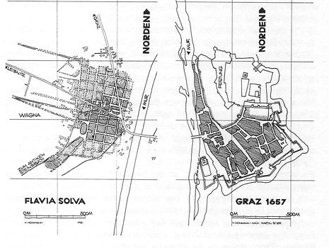 Im Vergleich mit Graz um 1650 zeigt sich, dass das geschlossen verbaute, meist zweigeschossige Flavia Solva im 4. Jh. n. Chr. etwa gleich groß war