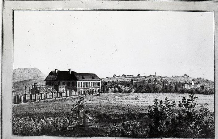 Die Lithographie aus der “Kaiser-Suite“ von Alexander Kaiser (1825/1835), die den historischen Schützenhof noch allein auf freiem Feld darstellt. Rechts davon sieht man das im Kern aus dem 13. Jh. stammende Hallerschloss, das ursprünglich Schloss Sparbersbach hieß