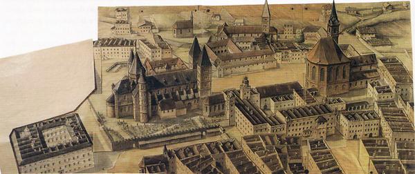 Historisches „Steckbild' der Salzburger Innenstadt mit dem Bauzustand von 1588. Spätromanischer Dom, Domfriedhof mit Friedhofsmauer.