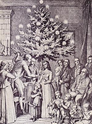 Weihnachten im Wandsbeker Schloss u.a. mit Rebekka und Matthias Claudius (4. u. 3. v. r.) und Friedrich Gottlieb Klopstock (sitzend); sowie angeblich einem der ersten geschmückten Weihnachtsbäume in (Nord-)Deutschland