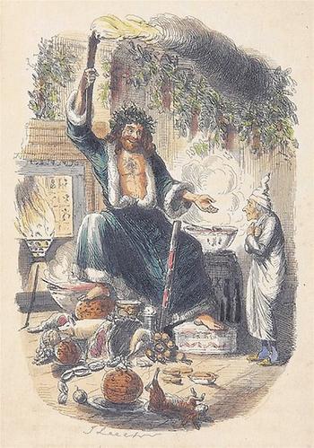 Scrooge begegnet dem Geist der gegenwärtigen Weihnacht: eine Illustration der Erstausgabe