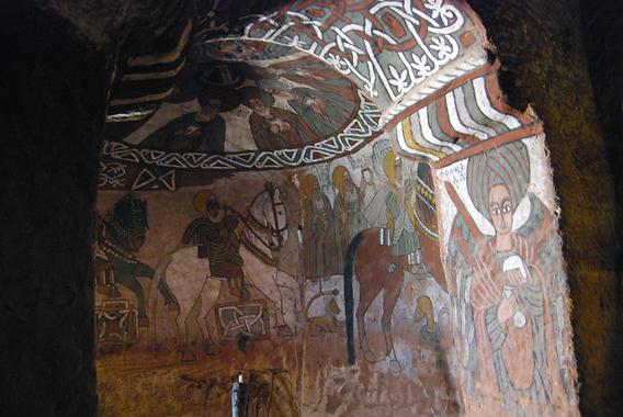 In der westlichen Kuppel sind 8 Personen meist mit Turbanen dargestellt, umgeben von einer Bandgeflecht-Borte - darunter Reiter mit Pferden.