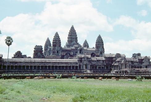 An overall view of Angkor Wat. Cows still grazed in the partially silted surrounding ponds in 1990.