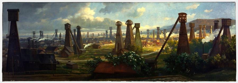 Die galizischen Ölfelder wurden auch zum Motiv für Künstler: Vermutlich Reinhold Völkel malte um 1910 die Bohrtürme bei Borislaw, passenderweise als Ölgemälde