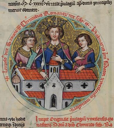 Ausschnitt aus fol. 8v der „Bärenhaut“: König Konrad III., Herzog Leopold von Bayern, Hadmar I. von Kuenring