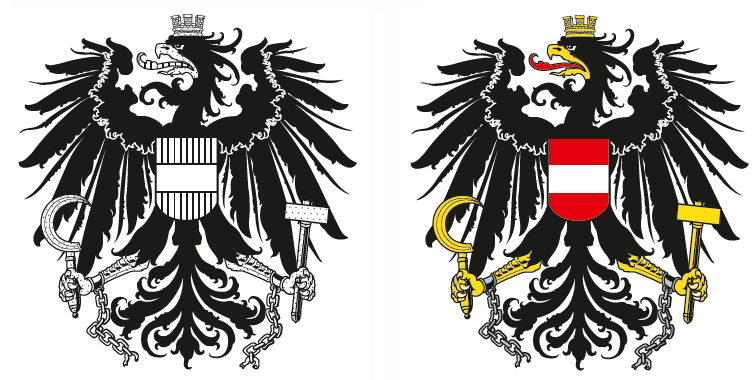 Der offizielle Bundesadler in Schwarz-Weiß und in Farbe. - © Illustration: Republik Österreich