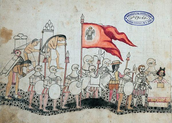 Die Armee von Hernán Cortés (3.v.r.) aus aztekischer Sicht im 'Codex Azcatitlan': Spanier, tlaxcaltekische Hilfstruppen, die Übersetzerin Malinche (1.v.r.) und ein afrikanischer Soldat