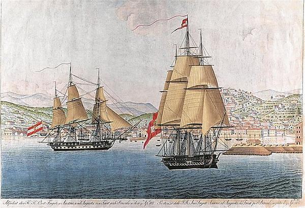 Aufbruch der beiden Fregatten 'Austria' und 'Augusta', Stich von Giovanni Passi