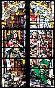 Mittelalter: Glasfenster in der Pfarrkirche Breitensee in Wien XIV. König Rudolf I. von Habsburg (1218–1291) vereidigt die Kurfürsten auf das Kreuz., Foto: © Herbert Stöcher/Pfarre Breitensee