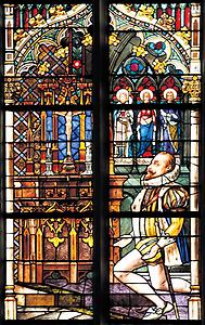 Neuzeit: Glasfenster in der Pfarrkirche Breitensee in Wien XIV. Erzherzog Ferdinand III. (als Kaiser: Ferdinand II., 1578–1637) betet in höchster Not zum Kreuz)., Foto: © Herbert Stöcher/Pfarre Breitensee