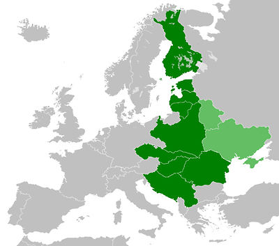 Das Gebiet von 'Intermarium', Weißrussland und die Ukraine sind hellgrün dargestellt
