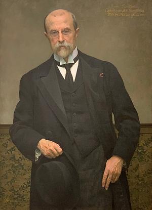 T. G. Masaryk als erster Staatspräsident der Tschechoslowakischen Republik auf einem Gemälde von Vojtěch Hynais (1919) in der Nationalgalerie Prag.
