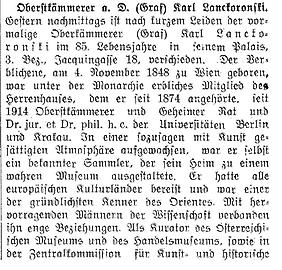 Todesmeldung in der Wiener Zeitung