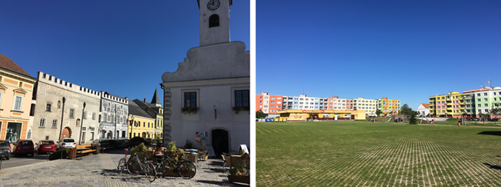 Rechts: Velenices in knalligen Farben bemalte Plattenbauten. Links: Gmünds pittoresker Hauptplatz mit frisch gestrichenen bunten Häusern aus dem 16. Jahrhundert.