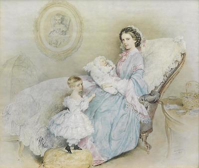Elisabeth als junge Mutter mit ihren Kindern Gisela und Rudolf. Lithographie von Josef Kriehuber