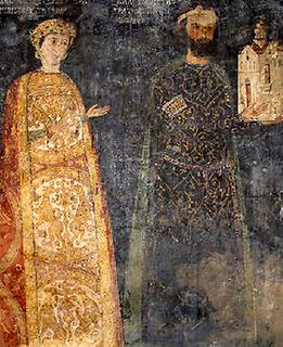 Donor`s portrait of sebastocrator Kaloyan and his wife Desislava from the Boyana Church in Sofia, Bulgaria, 13th century