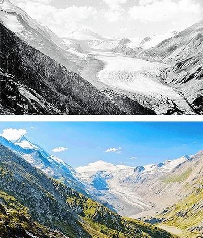 Österreichs größter Gletscher, die Pasterze, 1920 (o.) und 2012., Foto: © Alpenverein/N. Freudenthaler
