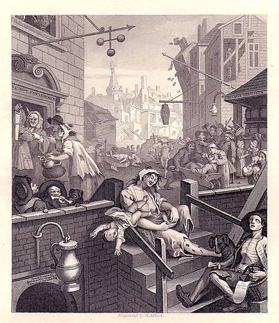 Wodurch finden hart arbeitende Menschen Zerstreuung, um ihre Existenz zu ertragen? William Hogarth hat in diesem Stahlstich aus der Zeit um 1860 die „Gin Lane“ dargestellt, einen Moment der „Branntweinkrise“ Englands. - (Graphik: Henryart, Public Domain)