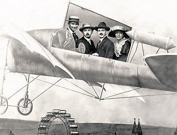 Franz Kafka, Albert Ehrenstein, Otto Pick und Lise Weltsch in einer Flugzeug-Attrappe