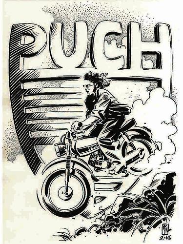 Die 1970er, Teenager-Tage: Comic-Zeichner Chris Scheuer hat mich hier nach einer alten Fotografie gezeichnet, wie ich auf einer M 50 cross den Bach runtergeh. Die graue Arbeitsjacke stammte aus dem Baumarkt, den Aufnäher mit dem Puch-Logo hatte ich mit einiger Mühe angebracht.