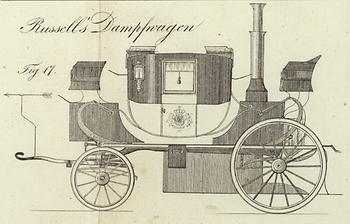 Die motorisierte Kutsche setzte sich als Konzept nicht durch: Russels Dampfwagen, 1835 im Polytechnischen Journal publiziert – (Graphik: Creative Commons)