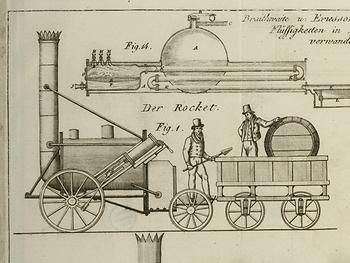 Stephensons Lokomotive „Rocket“ vom legendären Rainhill-Rennen, 1830 im Polytechnischen Journal – (Graphik: Creative Commons)