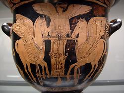 Göttin Eos mit den Pferden Lampos und Phaeton auf einem Gefäß zum Mischen von Wein und Wasser (430-420 v. Ch, Staatliche Antikensammlungen in München, Foto: Public Domain)