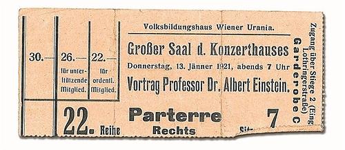 Eintrittskarte für Einsteins Wiener Vortrag am 13. 1. 1921.