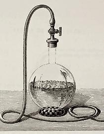 Old illustration of laboratory equipment for water boiling under vacuum. Original, from unknown author, was published on L`Eau, by G. Tissandier, Hachette, Paris, 1873