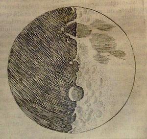 Galileis Zeichnung der Mondoberfläche: Im engen Gesichtsfeld seines Fernrohrs sah er den vorgeblich glatten Trabanten 'voller Höhlungen und Erhebungen'.