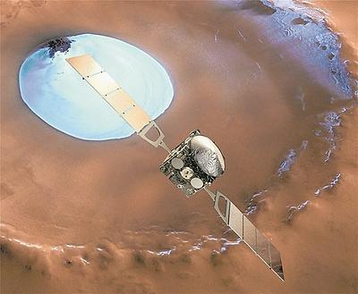 Künstlerische Darstellung des Mars Express über einem Wassereis-Krater auf dem Mars