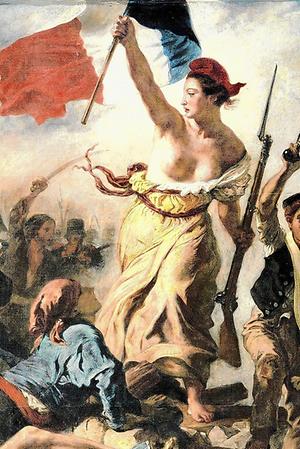 Eugène Delacroix: 'Die Freiheit führt das Volk' (Detail). Das Bild thematisiert die Julirevolution von 1830 und zeigt Marianne, die Republiks-Allegorie, mit der roten Phrygiermütze.