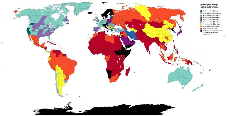 Die Karte zeigt den Mindestlohn in verschiedenen Ländern der Welt, Stand Februar 2023.