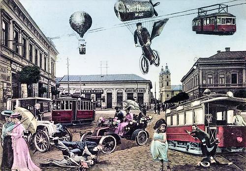 Hoch in der Luft sah man einst den Menschen der Zukunft. Ansichtskarte um 1900.