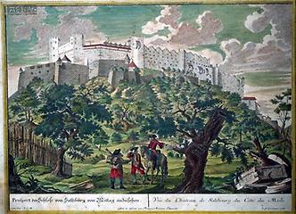 Burg Hohensalzburg - kolorierter Kupferstich von Anton Danreiter,1750