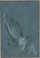 Albrecht Dürer: Betende Hände, 1508. Pinsel in Grau und Weiß, grau laviert, auf blau grundiertem Papier. Albertina, Wien