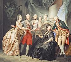 Friedrich Heinrich Füger: Kaiserin Maria Theresia im Kreise ihrer Kinder, 1776. Tempera auf Pergament. Belvedere, Wien