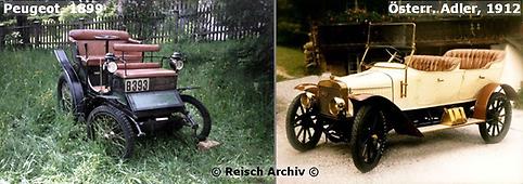 Abb. li.: Peugeot 1899. Abb. re.: Österreichischer Adler 1912