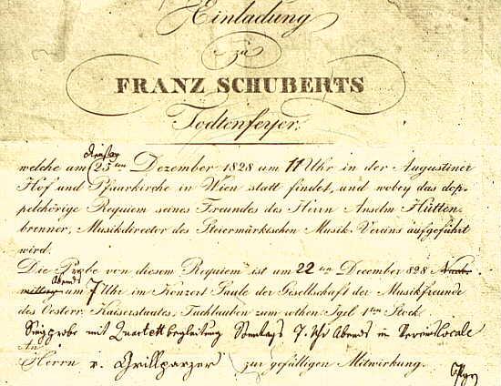 Einladung zur Totenfeier für Franz Schubert